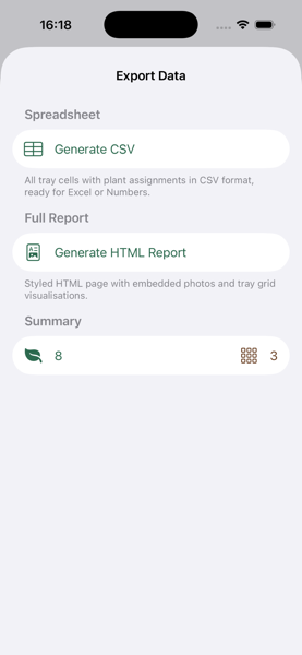 Export screen with CSV and HTML options