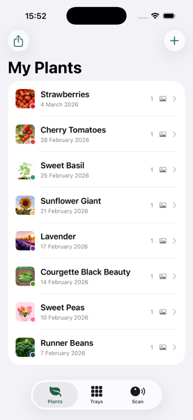 Plants list showing 8 plants with photo thumbnails